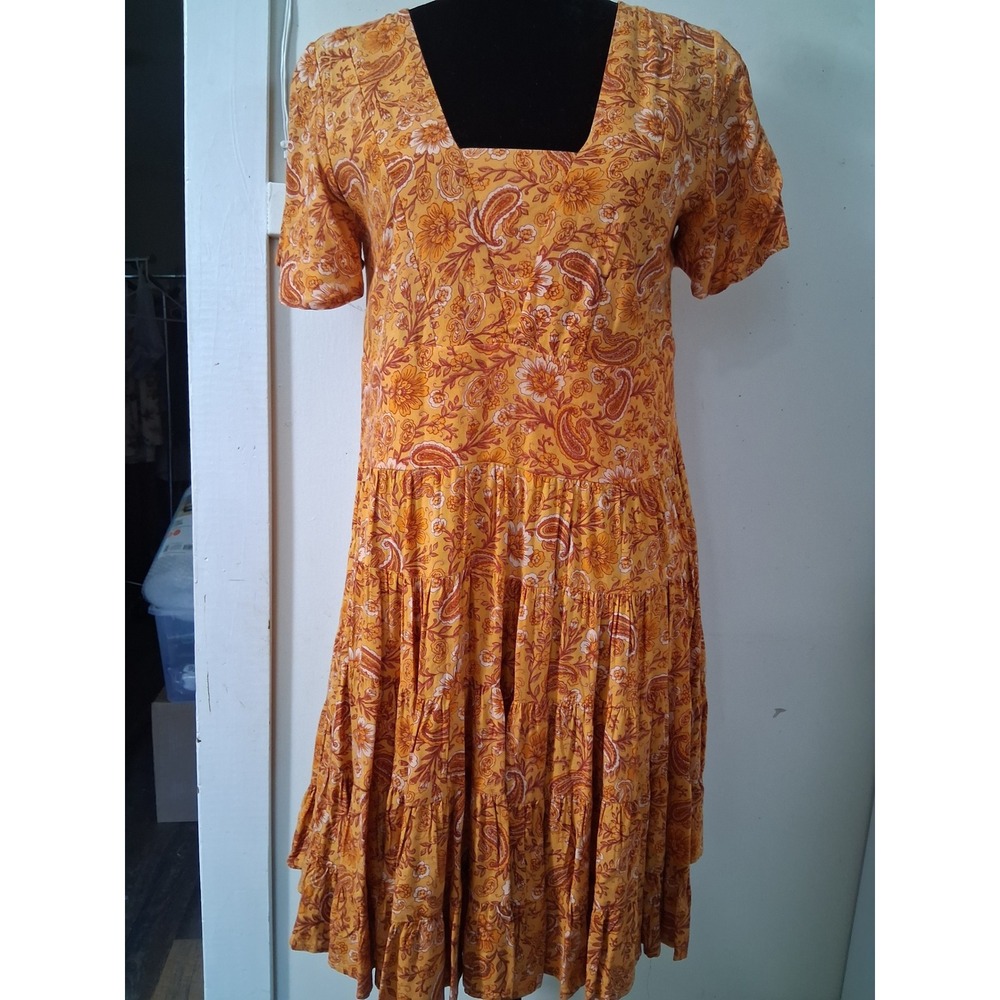 Patrons of Peace Mustard Yellow Paisley Tiered Boho Mini Dress Womens Size Small